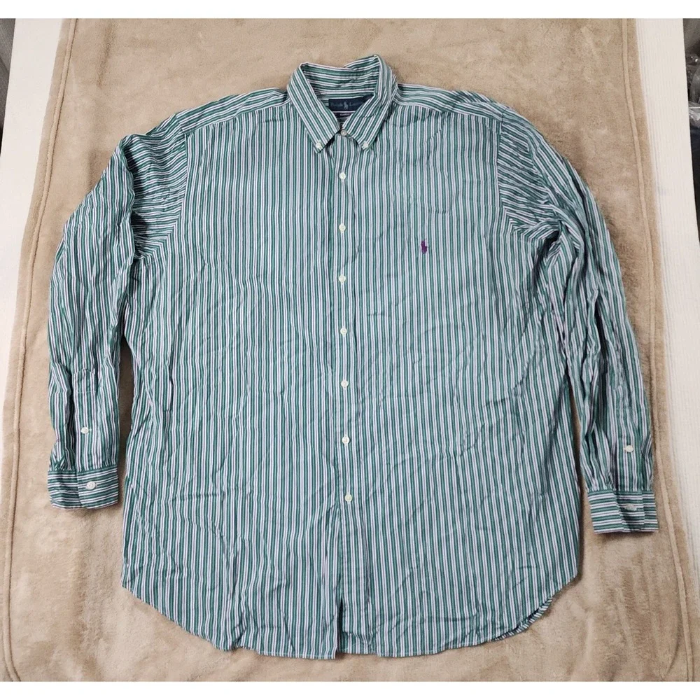 Vintage Polo Ralph Lauren Classic Fit Shirt Mens 2XLT Tall Green Striped L/S EUC